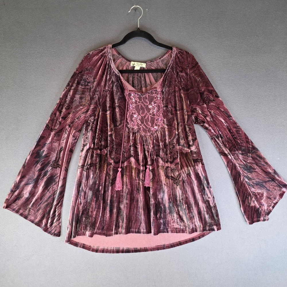 Unity World Wear Velvet Peasant Top Womens Medium Mauve Paisley Bell Sleeve Lace